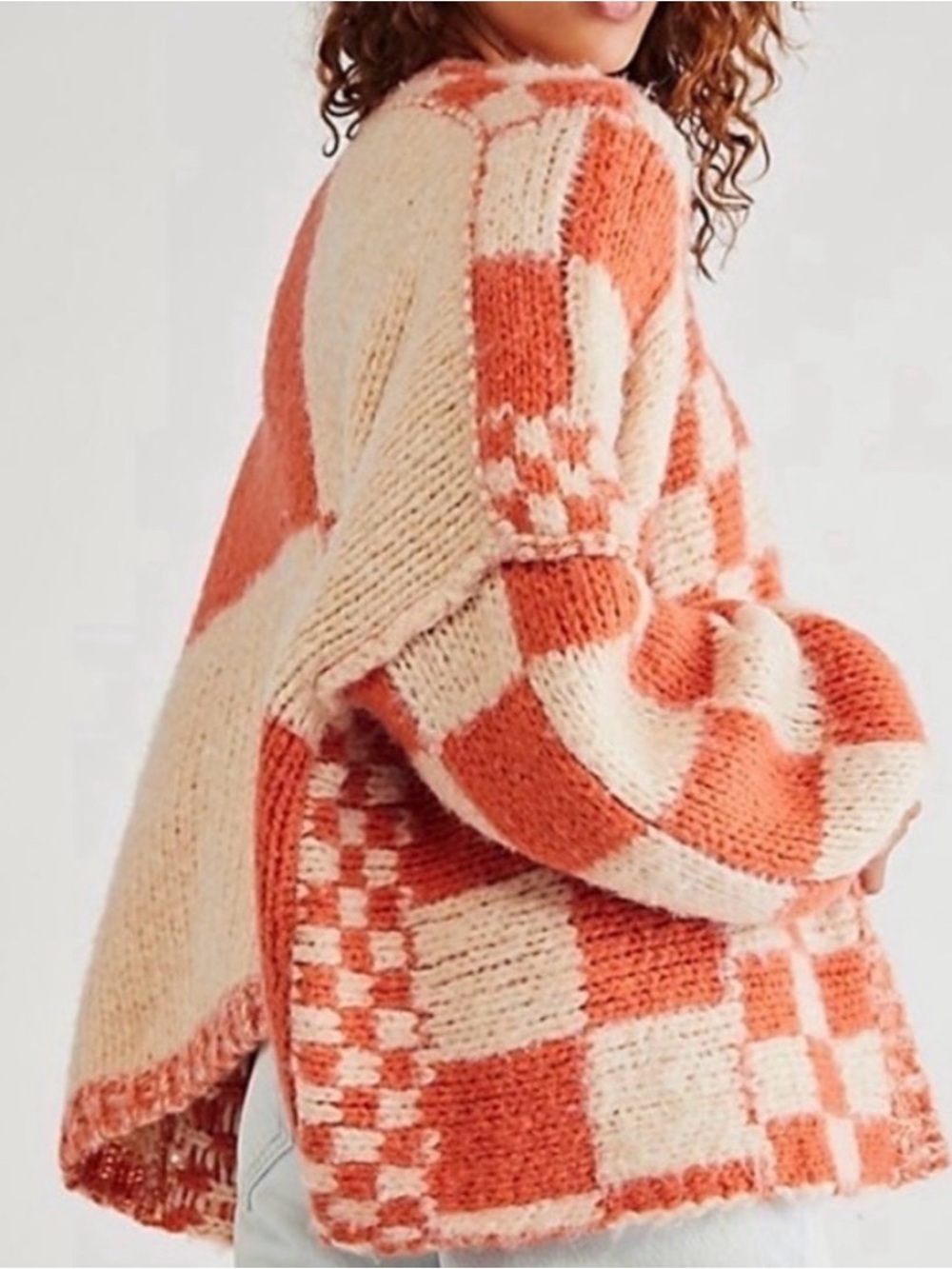 Free People Oversized Orange Cream Plaid Chunky Knit Cardigan